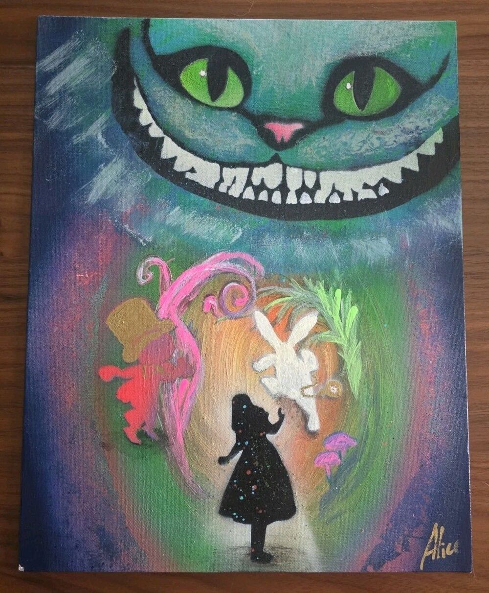 Alice In Wonderland 11x14 ORIGINAL ACRYLIC PAINTING Canvas Cheshire Cat OOAK